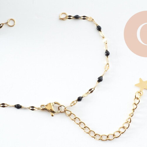 Base de bracelet réglable chaine acier 304 doré inoxydable résine noire 16.2cm, x1 (g9592)