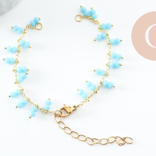 Base de bracelet chaine cheville laiton doré et perles verre turquoise 16.2cm, x1 (g9590)