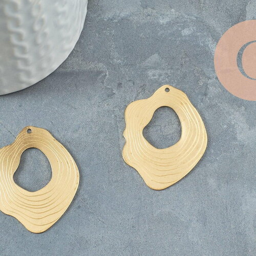 Pendentif laiton doré ovale vague striée 41mm, fourniture en laiton brut sans nickel pour création bijoux géométriques, x2 (g4682)