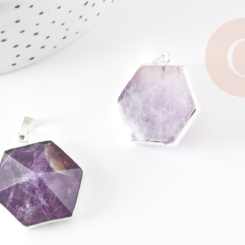 Pendentif hexagone améthyste violette, pendentif pierre,support doré ou argenté, 33mm, x1 (g3104)