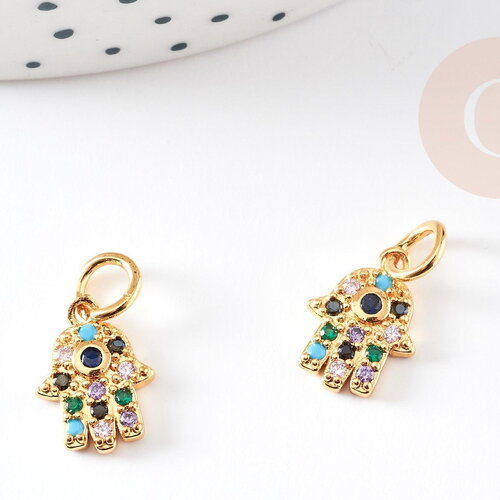 Breloque main fatma laiton doré 18k cristal coloré,création bijoux,pendentif religion, pendentif zircon,13mm, x1 g3477