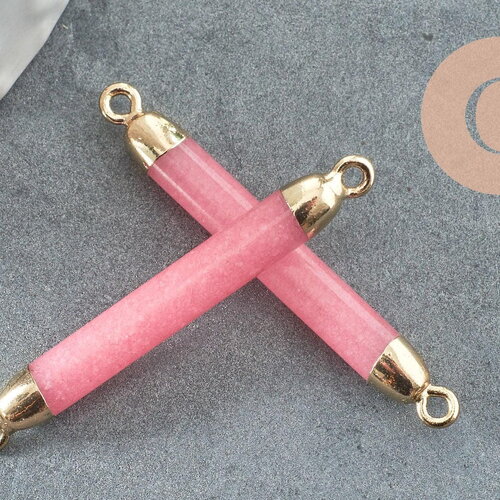 Pendentif connecteur tube jade naturel rose fer doré 45mm,création bijoux pierre naturelle, x1 g3990