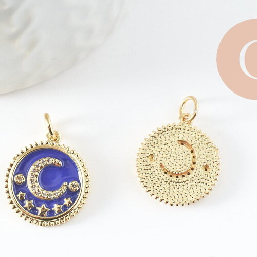 Pendentif médaille rond lune étoiles émail bleu laiton doré zircons, pendentif laiton émaillé,sans nickel,18mm, x1 (g5270)