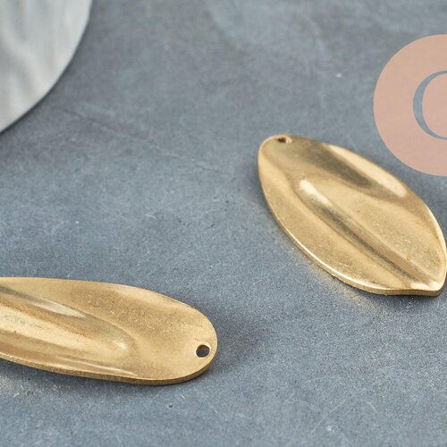 Pendentif laiton brut feuille ovale 32mm, breloques laiton brut sans nickel pour creation pendentif bijoux géométrique, x2 (g4875)