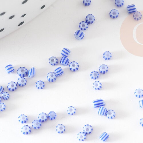 Petite perle rocaille rayé bleu blanc 1.5x2mm,perle rocaille pour création bijoux, perle africaine, x 10gr (g9286)