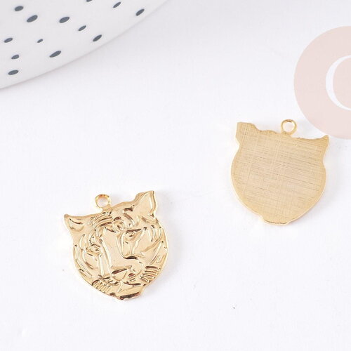 Pendentif tête de tigre laiton doré 16k 16mm,pendentif animal sauvage x1 g9073