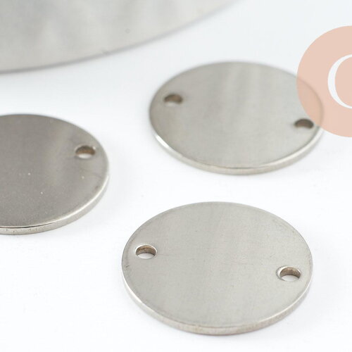 Pendentif connecteur rond acier platine 304 inoxydable 16mm, création bijoux acier inoxydable x5 g9583