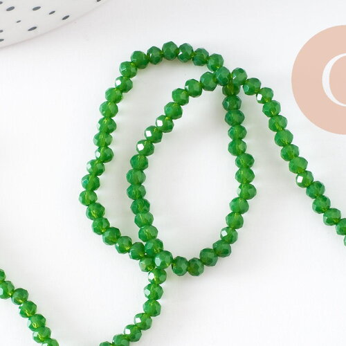 Perles rondelles verre opaque facettées vert 3.5x2.5~3mm, création bijoux cristal diy, fil de 35cm x1 (g3907)