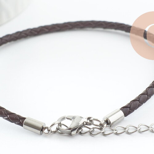 Bracelet réglable cuir cacao acier platine 304 inoxydable 3mm-21.5cm, bracelet unisexe acier inoxydable, x 1 g9574