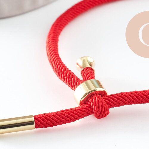 Bracelet réglable cordon polyester rouge acier 304 platine 23-25cm, bracelet cordon doré à personnaliser, x1 g9573