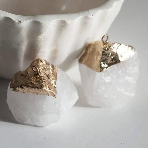 Pendentif cristal quartz blanc fer doré, pierre brute naturelle création bijoux, x1, g0838