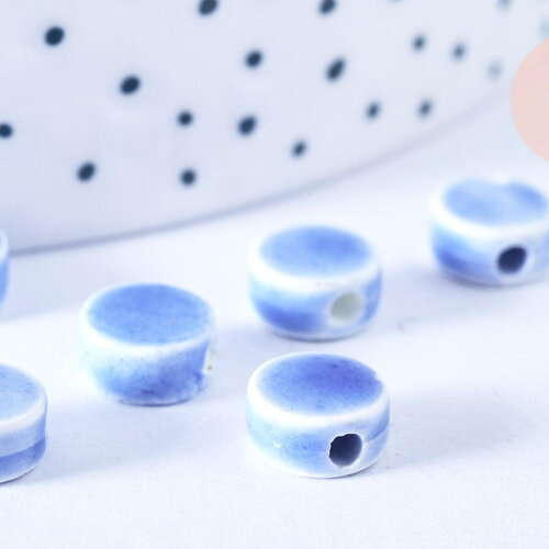 Perles porcelaine bleu clair, perle céramique, perle porcelaine,perle disque, céramique bleue,8mm, x10 g5390