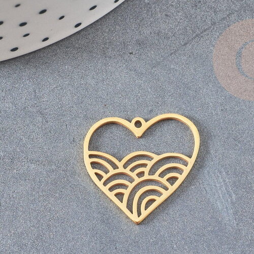 Pendentif coeur vagues acier doré 22.5, breloque doré, acier inoxydable doré, pendentif sans nickel, création bijoux, x1 g6275