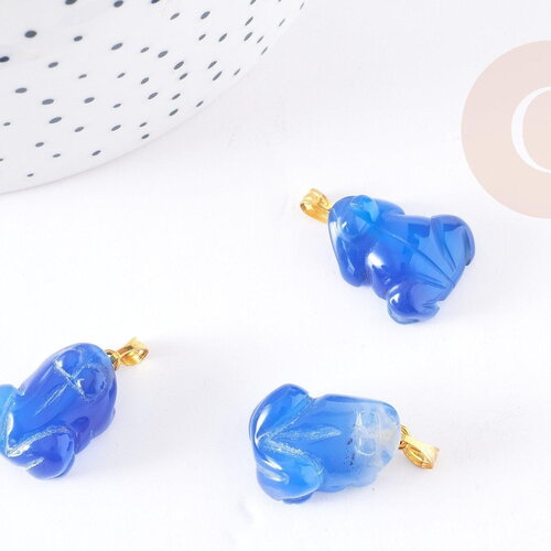 Pendentif grenouille agate bleue support doré, pendentif pierre agate naturelle bleue,création bijou pierre naturelle, 20-22mm, x1, g3987