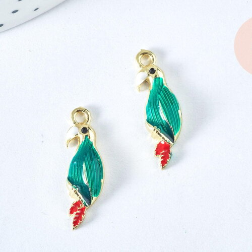 Pendentif oiseau perroquet laiton doré 16k émail coloré25,5mm,pendentif animal création bijoux diy, x1 g6987