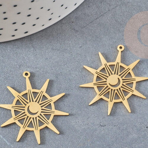 Pendentif soleil acier doré 33.5mm, breloque acier inoxydable doré, pendentif sans nickel, création bijoux, x1 g6141