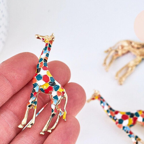 Broche girafe multicolore laiton doré émaillé 59mm,x1 (g5557)