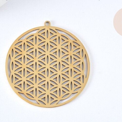Pendentif estampe filigrane rond fleur de vie acier inoxydable 201 doré 42mm, création bijoux acier inoxydable, x1 g7256