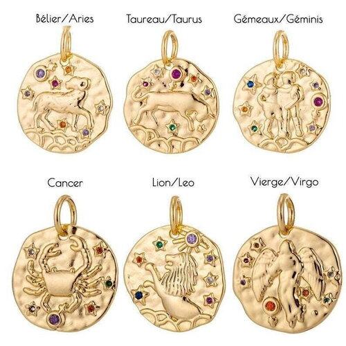 Pendentif rond constellation laiton doré zircons colorés 14-15mm, un pendentif celeste du signe horoscope astrologique, x1 g5274