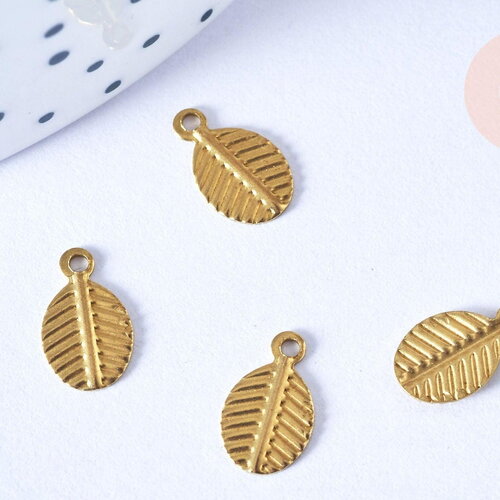Breloque feuille striée laiton brut 9,5mm, fournitures bijoux création bijoux, x 5 g6553