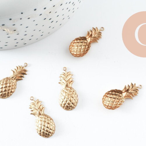 Pendentifs ananas laiton brut 29mm, pendentif laiton brut, bijou tropical,sans nickel,tropical, x5 (g1609)