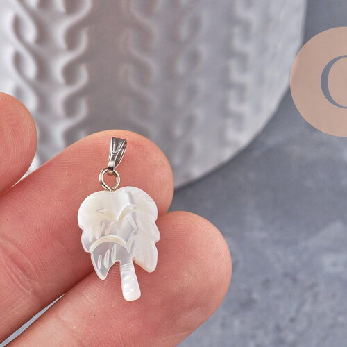 Pendentif palmier nacre blanche naturelle laiton platine 20.5mm, création bijoux coquillage blanc, x1 (g9918)