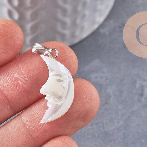 Pendentif lune visage nacre blanche naturelle laiton platine 22-28mm, création bijoux coquillage blanc, x1 (g9917)