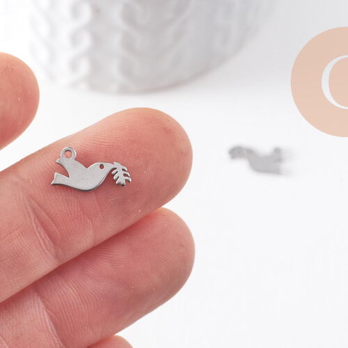 Pendentif oiseau colombe acier 201 inoxydable argenté 12mm, x1 (g9911)