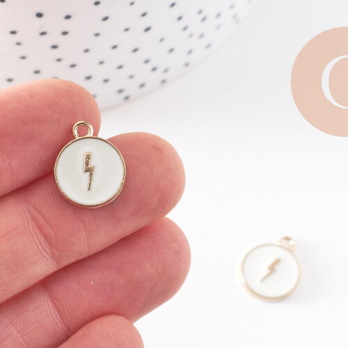 Pendentif médaille rond éclair émail blanc zamac doré 16mm, x2 (g9905)