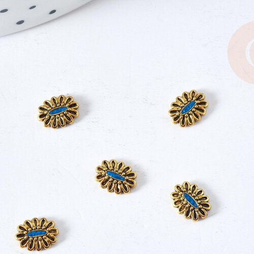 Charm à coller fleur ovale zamac bronze émail bleu 8mm, x5 (g8571)
