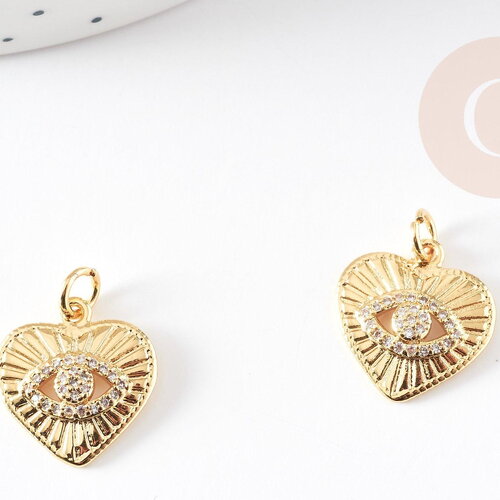 Breloque coeur oeil laiton doré 18k cristal 16.5mm,sans nickel,création bijoux amour, pendentif zircons blancs, x1 g4265