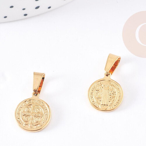 Pendentif médaille ronde saint benoît acier doré, pendentif doré sans nickel en acier doré, médaille religieuse,15mm, x1 (g2366)