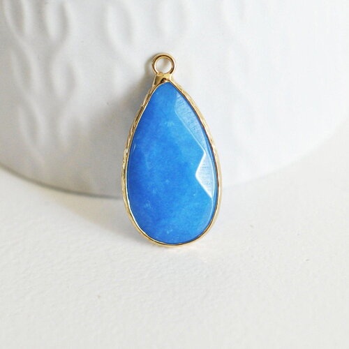 Pendentif goutte jade bleu doré, pendentif jade, pendentif pierre,jade naturel, jade teinté bleu,33mm, x1 g5224