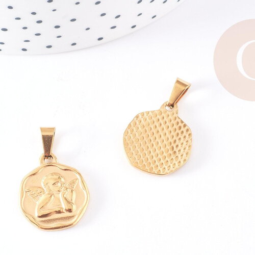 Pendentif médaille ange acier 304 inoxydable doré 20.5mm, pendentif doré sans nickel, x1 - g2664