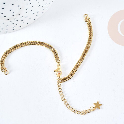 Bracelet réglable maille plate diamantée acier doré 304 inoxydable 16cm, acier doré inoxydable, x1 (g8625)
