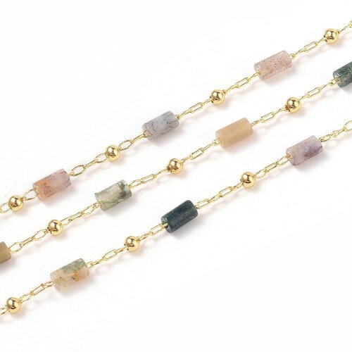 Chaine perle agate mousse naturelle laiton doré 18k 7x2mm, x1 mètre (g5444)