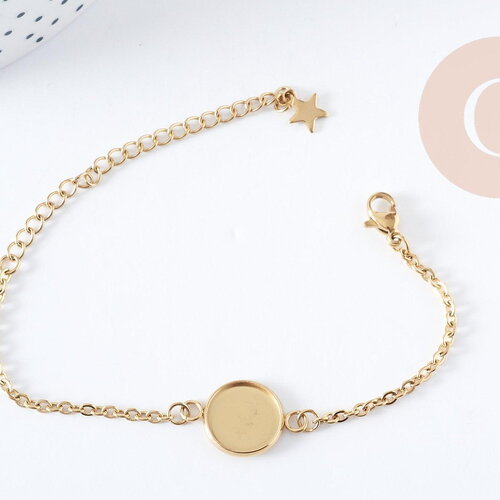 Bracelet complet cabochon rond 12mm acier 304 inoxydable doré 15.9cm x1 (g8885)
