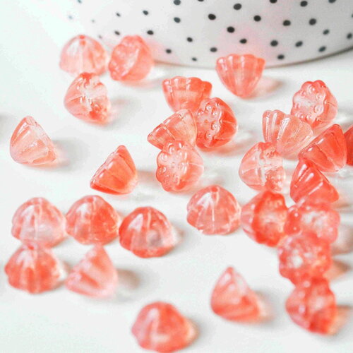 Perles fleur verre rose corail 11mm, perles verre tchèque, perles fleur, verre violet, x10 (g4584)