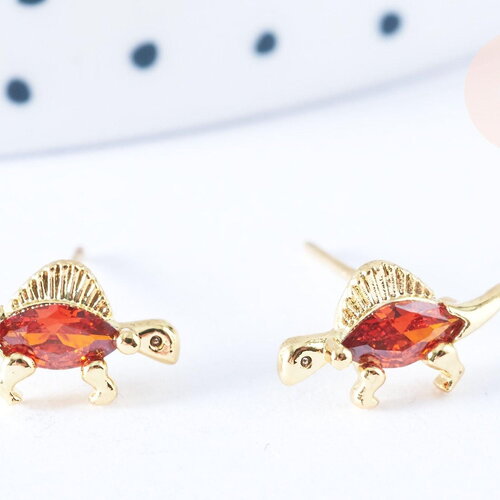 Clous d'oreille dinosaure stégosaure laiton zircon rouge avec poussoirs d'oreilles, idées cadeaux femmes fille, la paire g7917