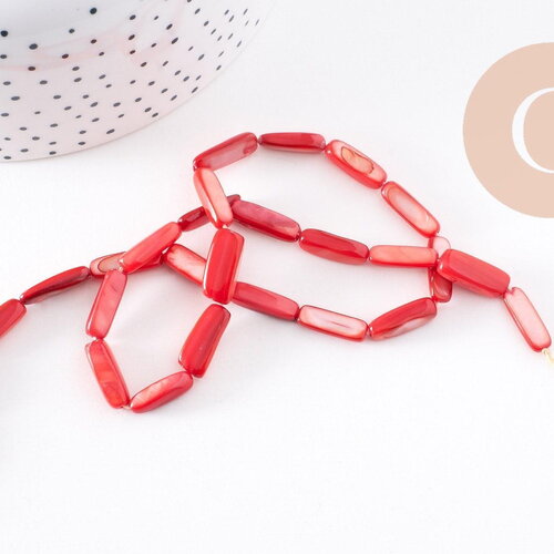 Perle rectangle nacre rouge naturelle, perle rectangulaire, coquillage teinté rouge, 14mm,fil de 39cm, x1 (g1063)