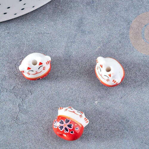 Perle chat chanceux porcelaine rouge 14mm, x5 (g8681)