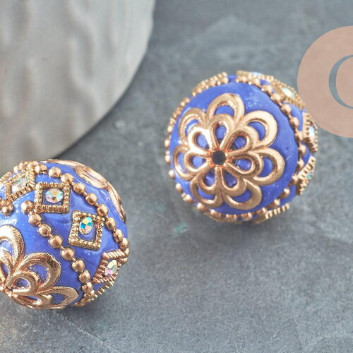 Perle indonésienne polymère bleu roi strass et zamac doré 19.5mm, x1 (g6254)