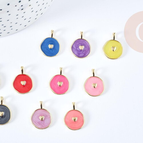 Pendentif médaille rond coeur émail coloré laiton doré 18mm, pendentif laiton émaillé,sans nickel, x1 g8554