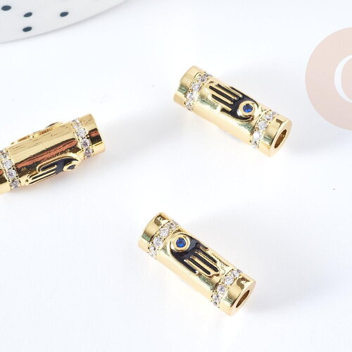 Perle tube talisman main fatma doré 18k bleu zircons 18mm, perle dorée bijoux chance, x1 g8557