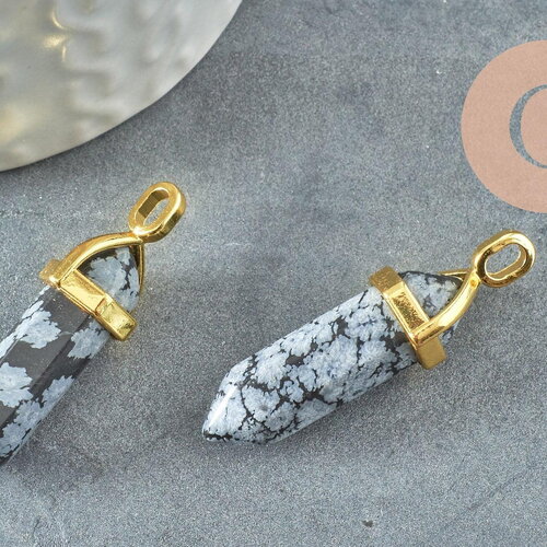 Pendentif pointe obsidienne neige naturelle laiton doré 37-41mm,création bijoux pierre naturelle, x1 g6268
