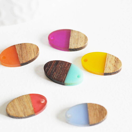 Pendentif ovale bois résine 20mm, bois naturel, perles bois, perles géométriques,perle ovale,perle ronde bois création bijoux bois, x5 g1465