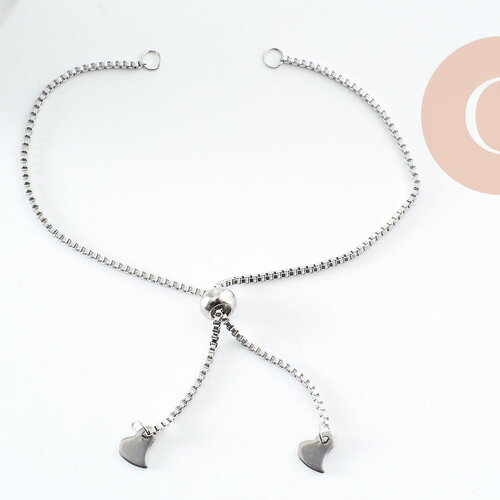 Base de bracelet chaine carré maille vénitienne réglable acier 304 inoxydable platine 1mm-21.8cm, avec frein x1 (g9495)