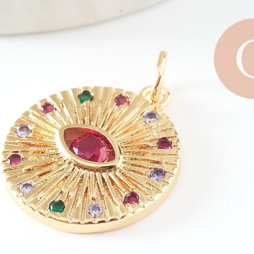 Pendentif médaille ronde oeil laiton doré 18k zircons multicolore 23.5mm,médaille or, x1 (g5857)