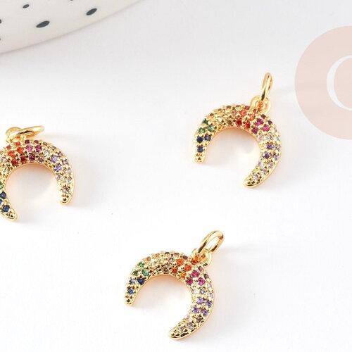 Pendentif croissant lune zircons multicolore laiton doré 12mm, x1 (g0470)