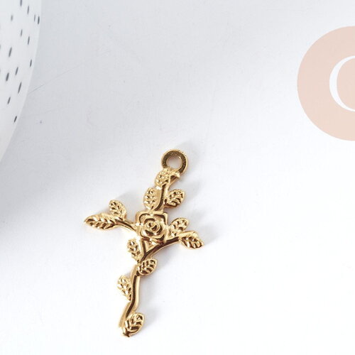 Pendentif croix fleur de rose acier 304 inoxydable ip doré, pendentif sans nickel création bijoux religion, x1 g9014